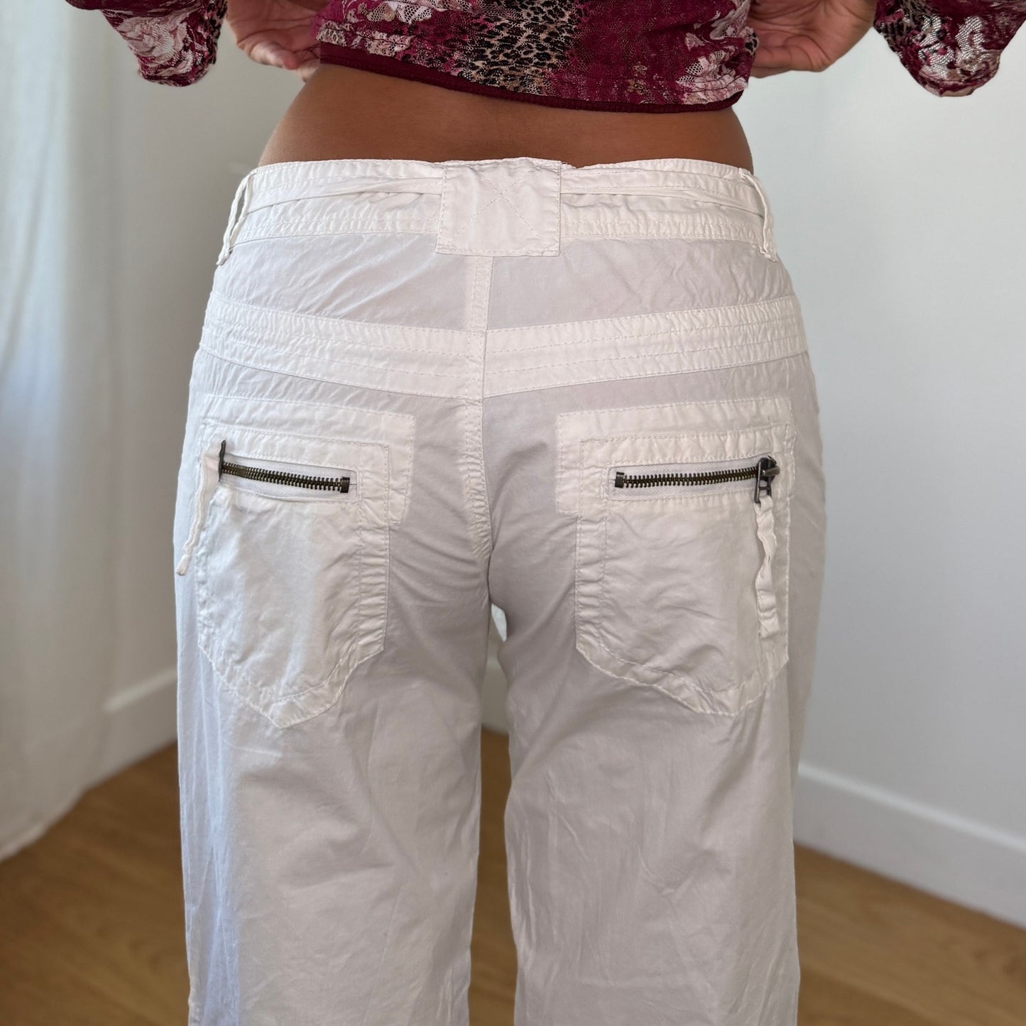 Vintage White Parachute Cargo Trousers Adjustable Ankle Y2K Euro (S)