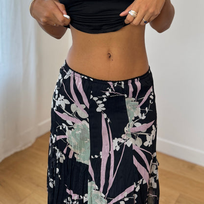 Vintage Black Pink Floral Mesh Midi Skirt Abstract Print Italian Y2K (XS/S)