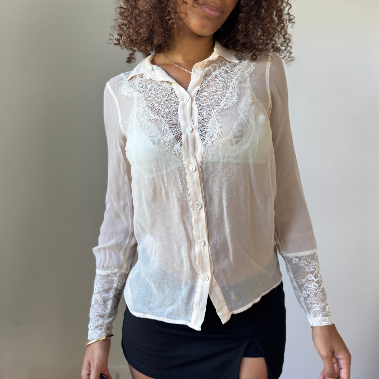 Vintage euro Ivory Sheer Lace-Panel Button Blouse with Lace Cuffs (S)
