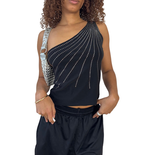 Italian vintage black one shoulder glitter dot top (S/M)