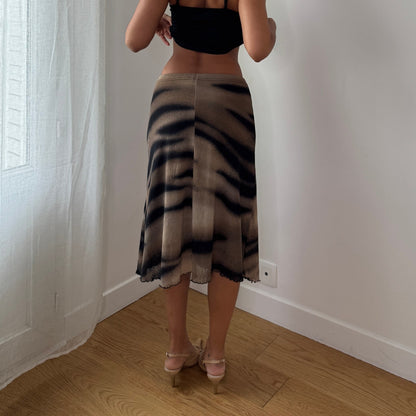 Vintage Brown Tiger Print Mesh Midi Skirt (S)