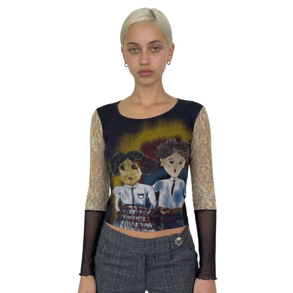 Vintage Misia Black Graphic Mesh Crop & Lace Sleeves (S)