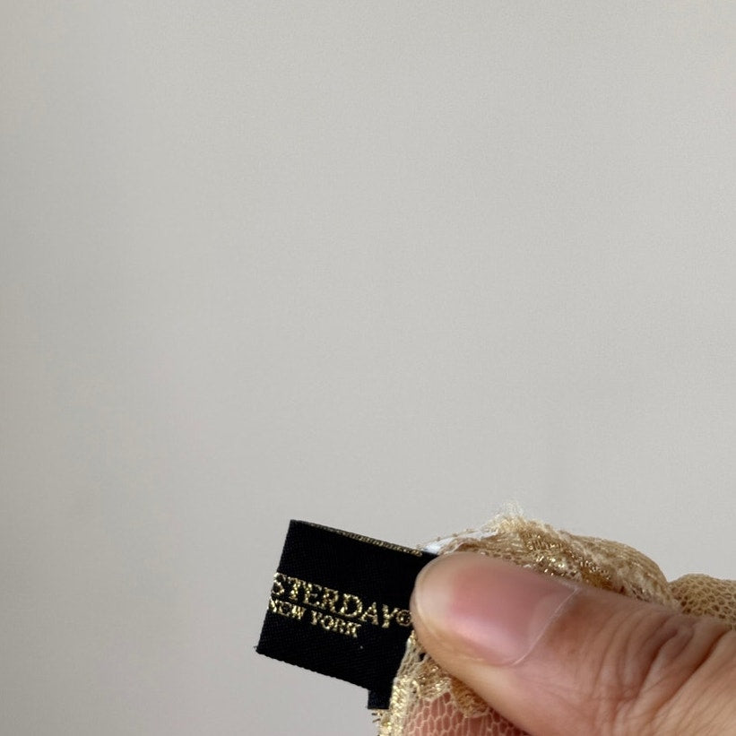 Vintage Gold Lace Sheer Button Up Blouse Satin Trim Fitted (S)