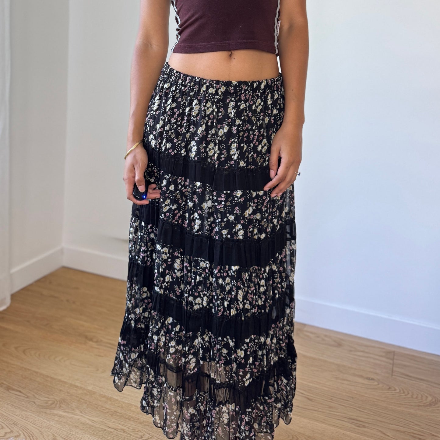 Vintage Black Pink Floral Mesh Tiered Maxi Skirt Euro Y2K (XS/S)