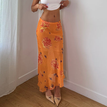 Vintage Orange Floral Mesh Maxi Skirt Sheer Double Layer Italian Y2K (S)