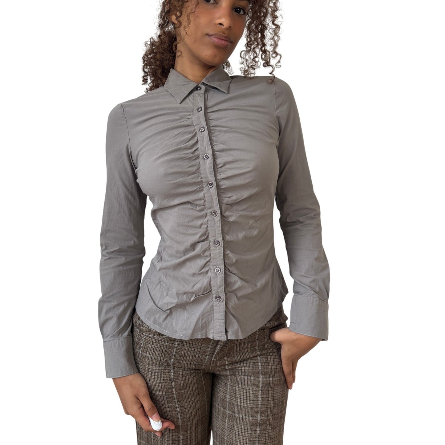 Vintage French grey ruched button-up shirt (XS/S)