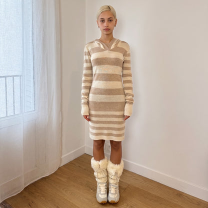Vintage Beige Cream Striped Hooded Knit Dress (S0