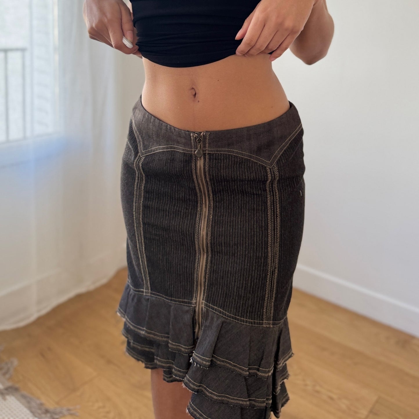 Vintage Euro Denim Midi Skirt Contrast Stitch Ruffle Hem (S)