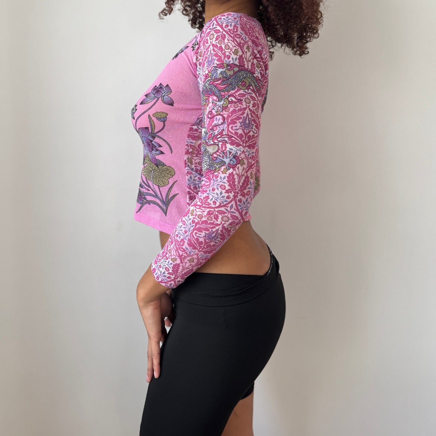 Vintage Italian Pink Floral Mesh Long Sleeve Top Semi Sheer (S)
