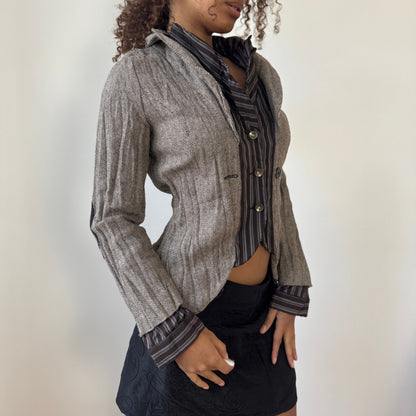Vintage herringbone blazer with striped contrast and embroidered patches (S/M)
