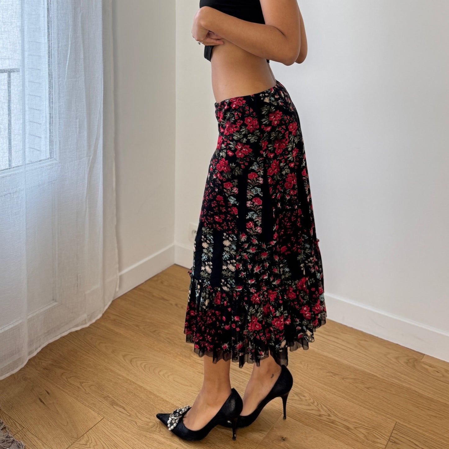 Vintage Italian Black Red Floral Mesh Midi Skirt Tiered Ruffle Hem (S)