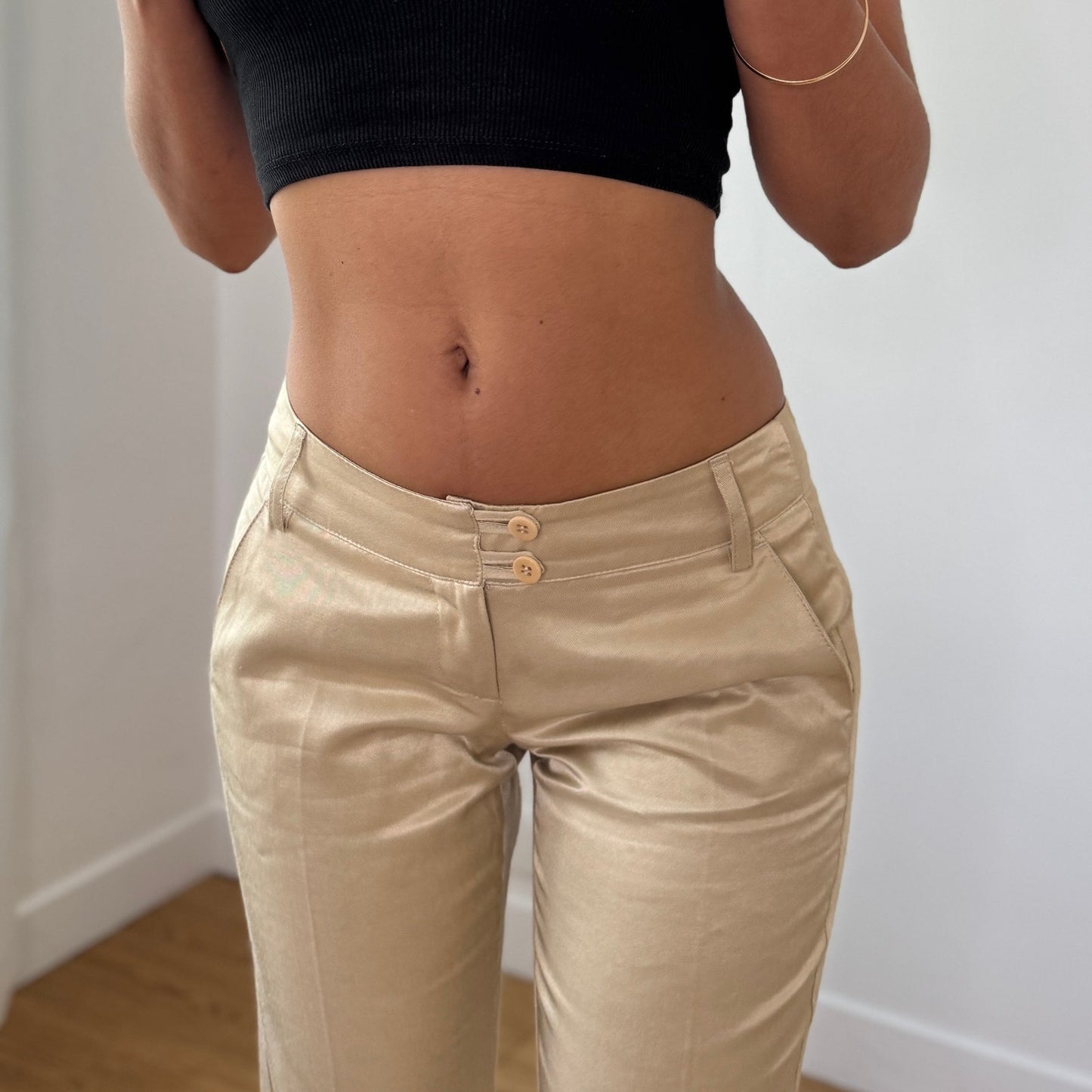 Vintage Italian Beige Satin Bootcut Pants Low Rise Y2K Trousers (XS)
