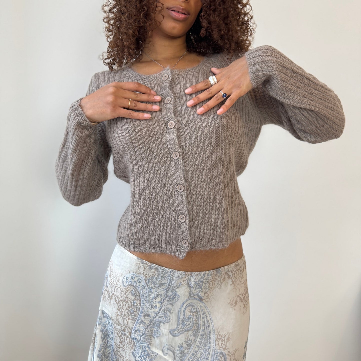 Italian Vintage taupe ribbed mohair-blend knit button-front cardigan (Medium)