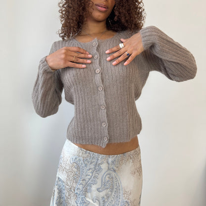 Italian Vintage taupe ribbed mohair-blend knit button-front cardigan (Medium)