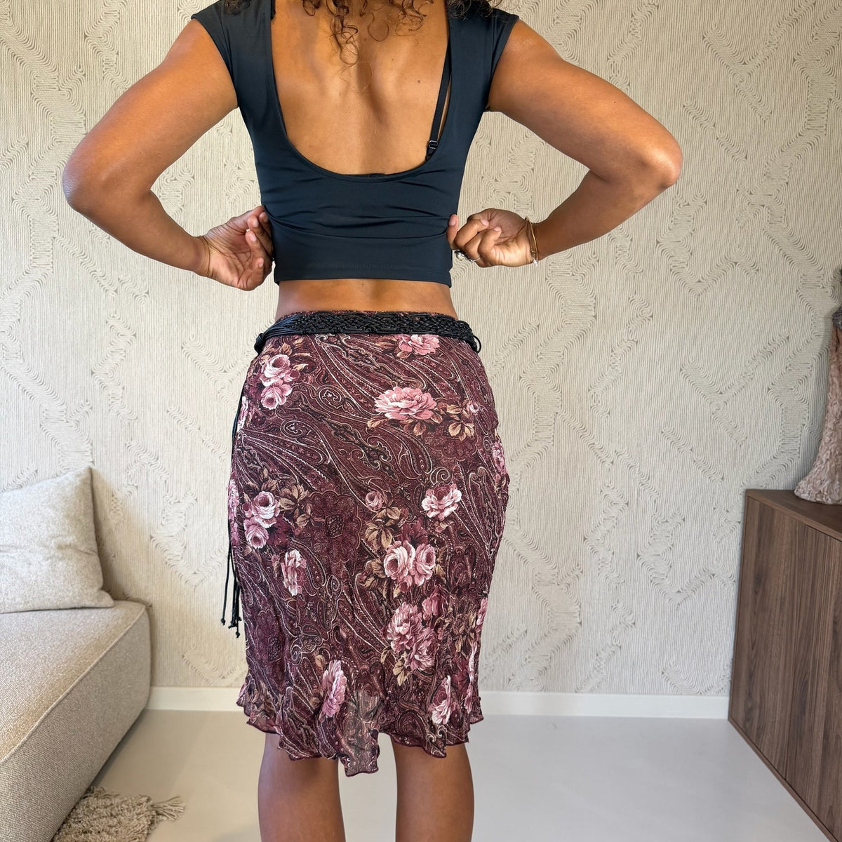 French vintage Y2K burgundy pink floral paisley mesh pencil skirt with braided fringe belt