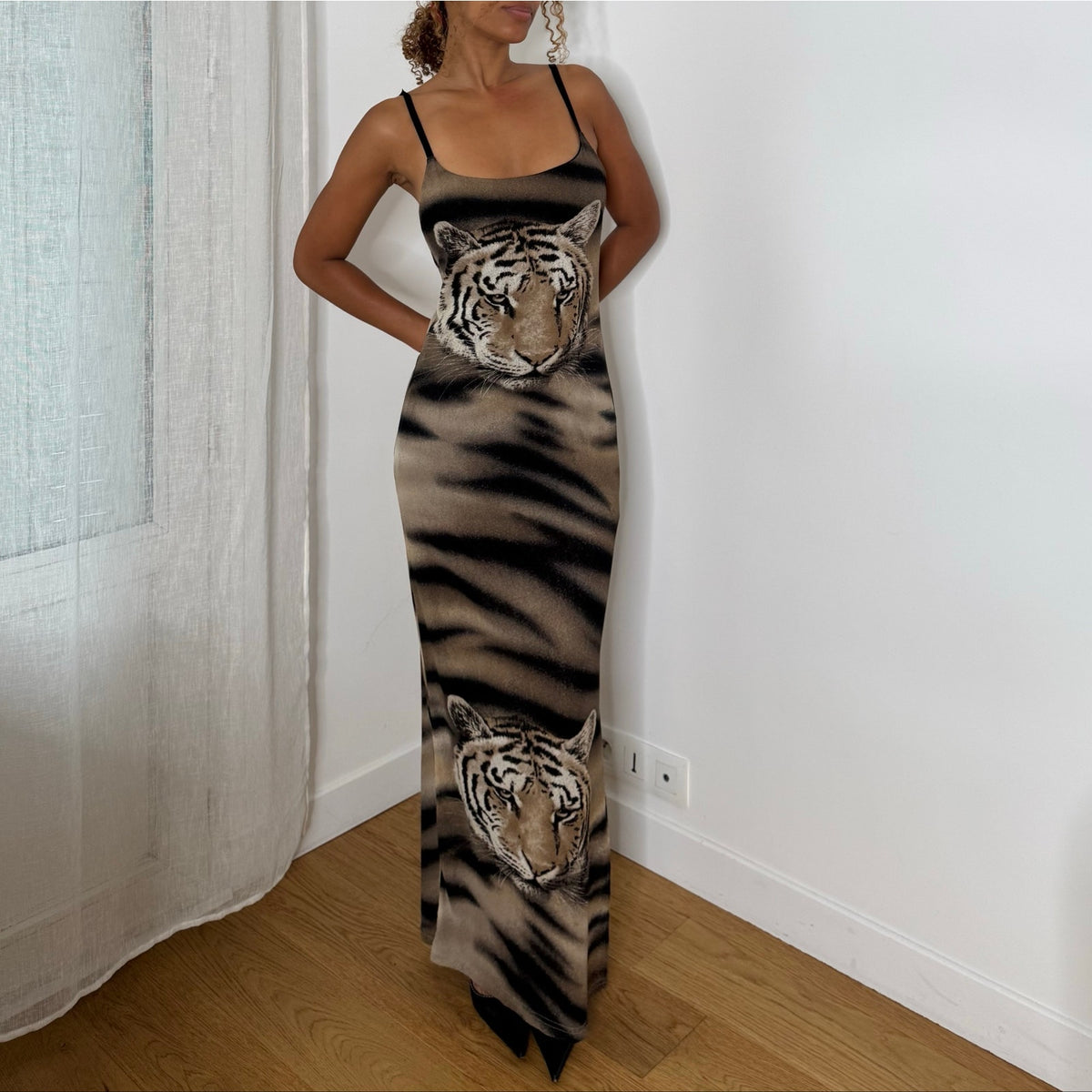 Italian Vintage Brown Black Tiger Print Mesh Double Lined Bodycon Maxi Dress
