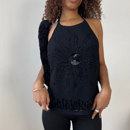 Vintage Black Beaded Halter Top Open Back Y2K Cotton Top (S)
