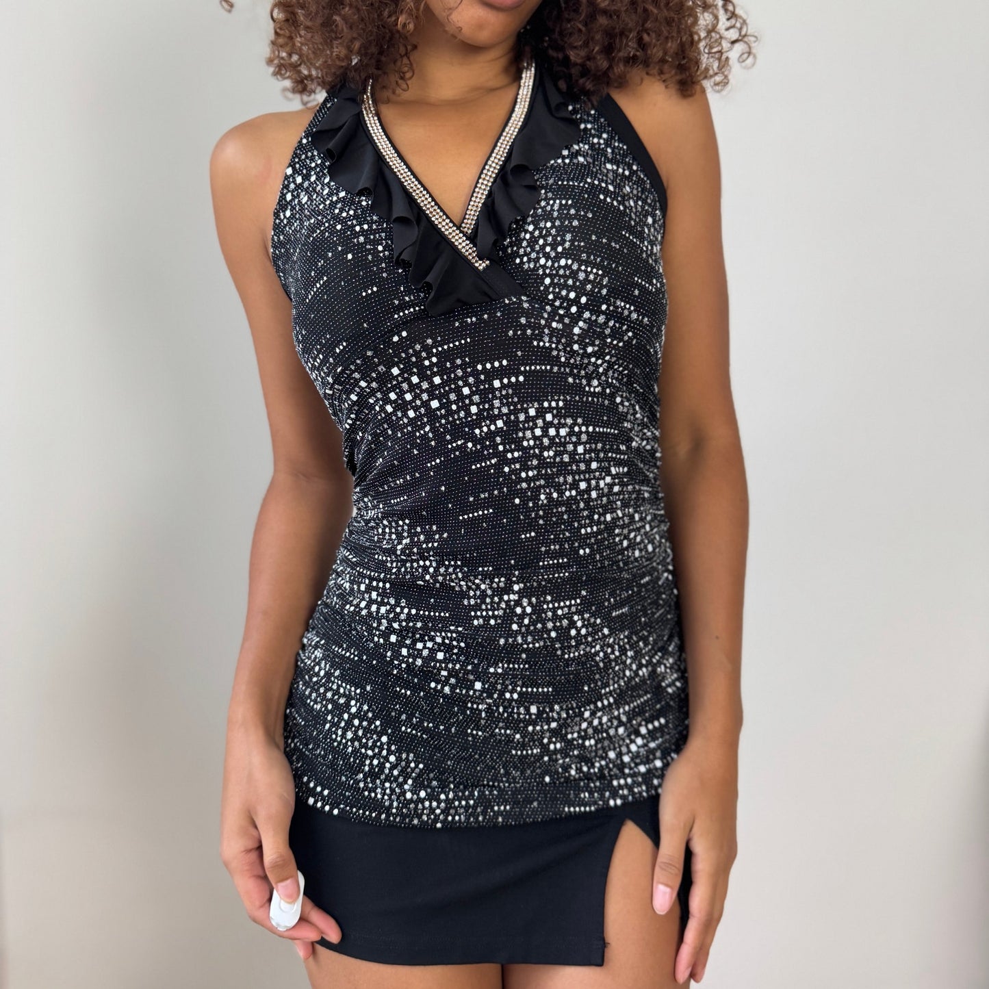 Vintage Italian black rhinestone-speckled halter top (M)