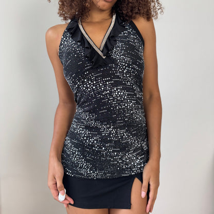 Vintage Italian black rhinestone-speckled halter top (M)