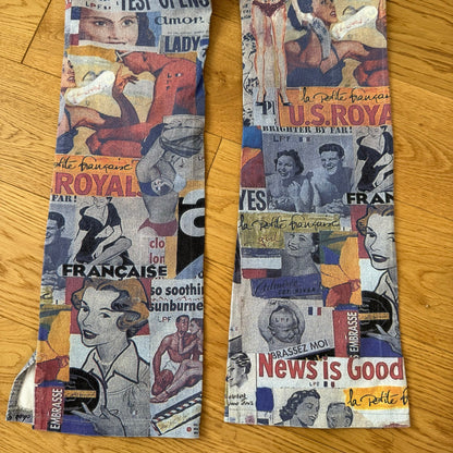 Vintage Blue Red Graphic Print Pants French Y2K Newspaper Collage (XS/S)