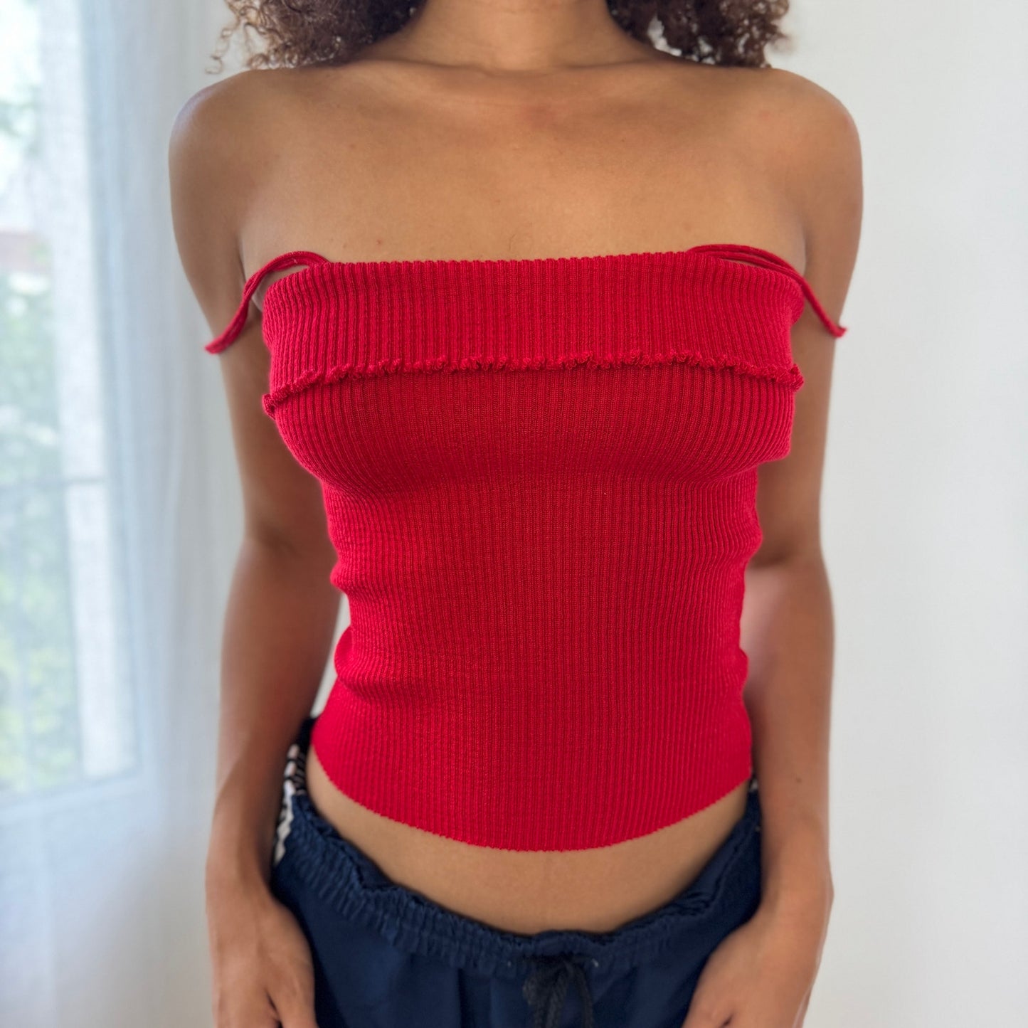 French 90s Vintage Ribbed Knit Cami in Cherry Red (S/M)