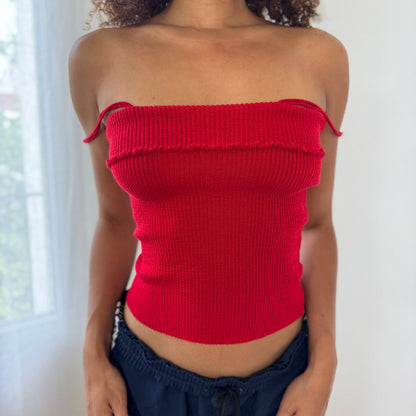 French 90s Vintage Ribbed Knit Cami in Cherry Red (S/M)