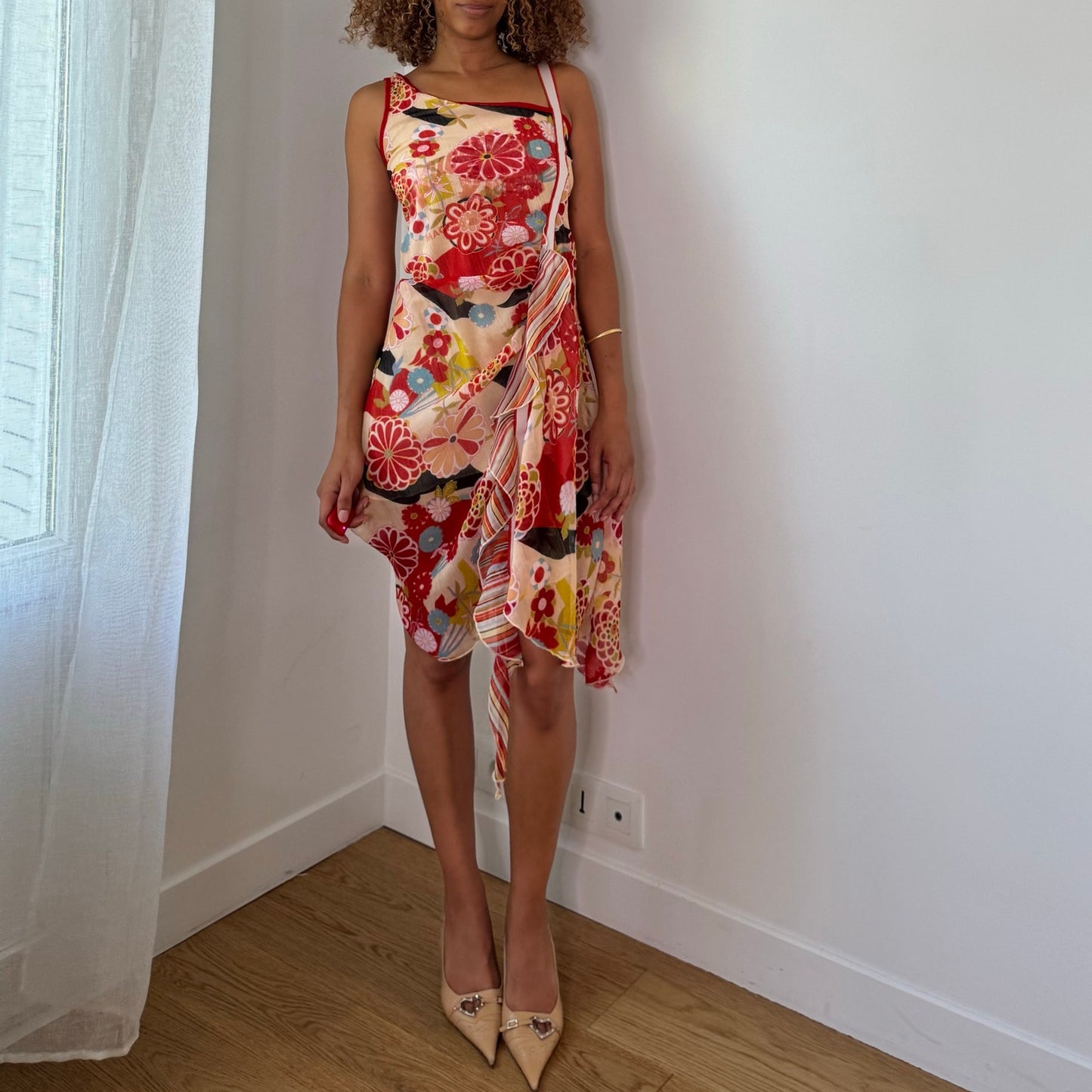 Vintage Red Floral Mesh Midi Dress Asymmetrical Draped Euro Y2K (XS/S)