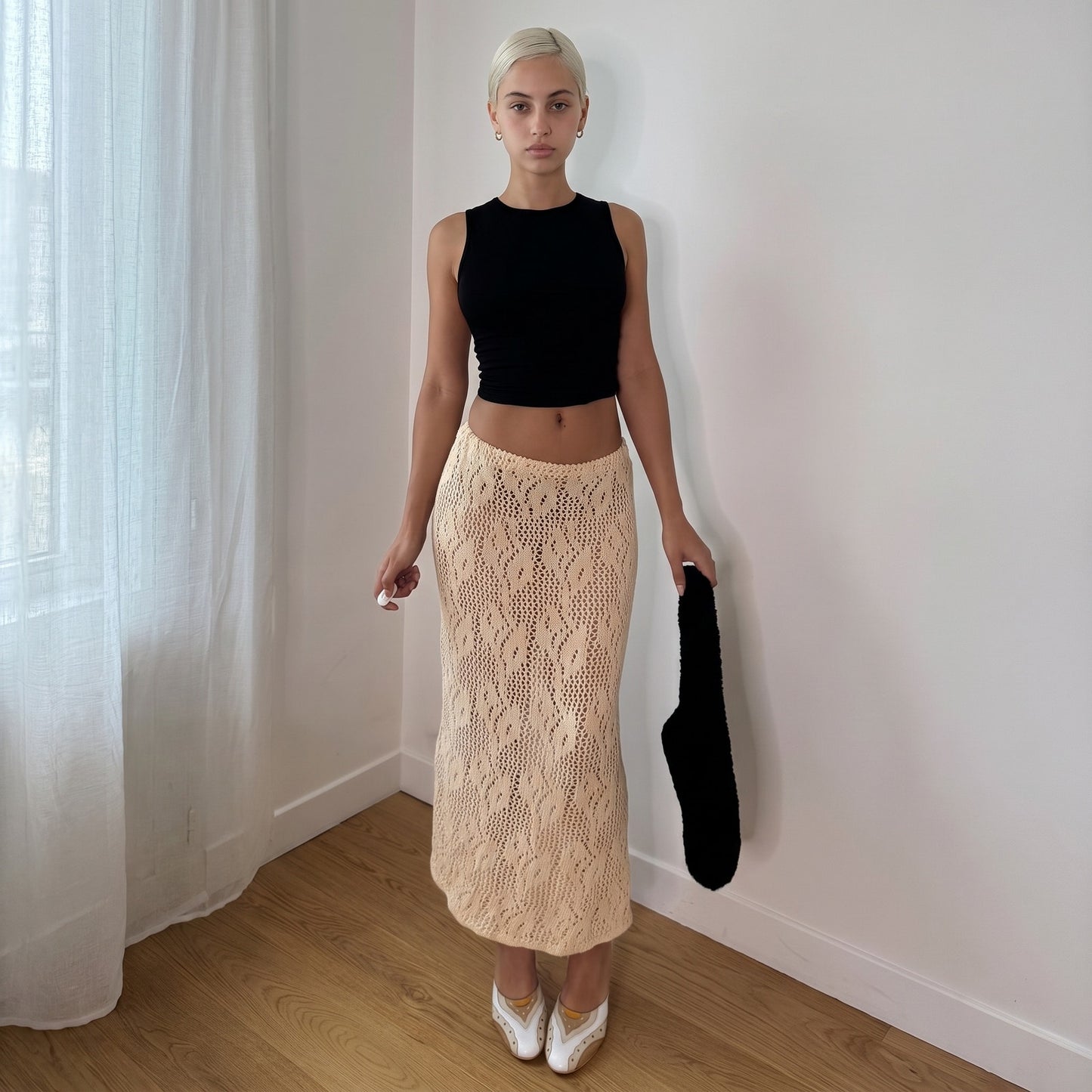 Vintage Cream Open Knit Crochet Maxi Skirt Sheer Boho Euro (XS–M)