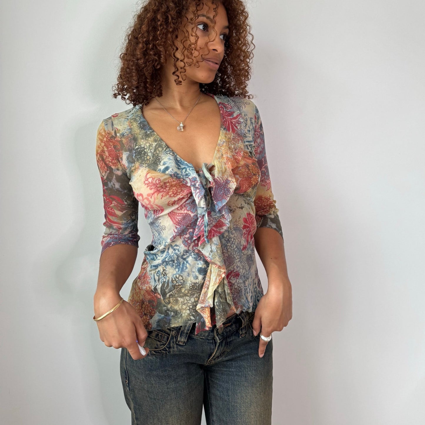 Vintage Blue Red Floral Mesh Ruffle Top Italian Y2K (S)