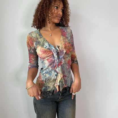 Vintage Blue Red Floral Mesh Ruffle Top Italian Y2K (S)