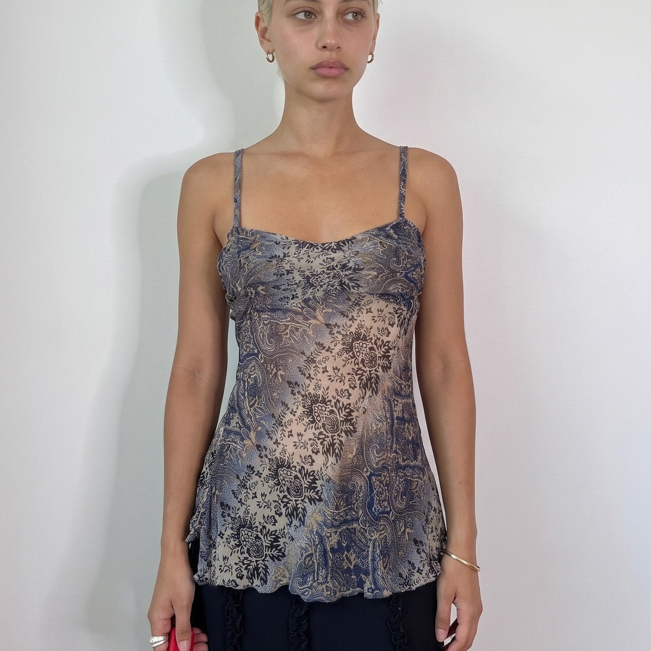 Vintage Blue Beige Paisley Mesh Cami Top Floral Handkerchief Hem Y2K (S)