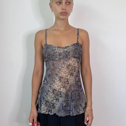 Vintage Blue Beige Paisley Mesh Cami Top Floral Handkerchief Hem Y2K (S)