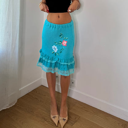Vintage Turquoise Blue Floral Embroidered Knit Lace Midi Skirt Italian Y2K (XS/S)