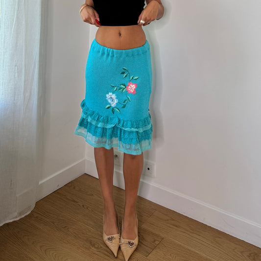 Vintage Turquoise Blue Floral Embroidered Knit Lace Midi Skirt Italian Y2K (XS/S)