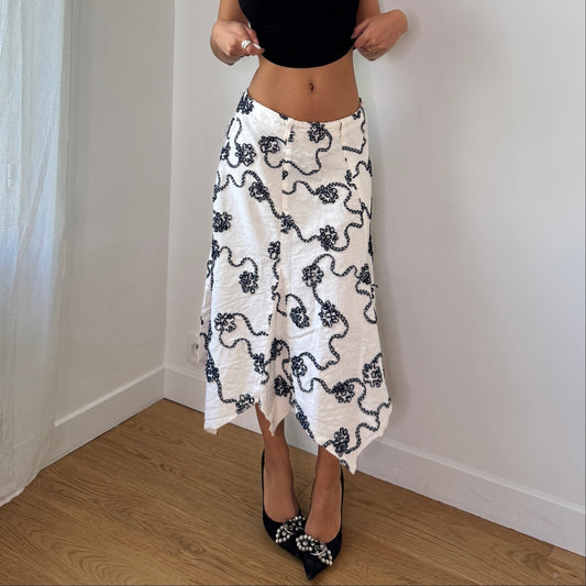 Vintage White Polka Dot Mesh Trim Midi Skirt Asymmetrical Hem Italy Y2K (S) ⠀