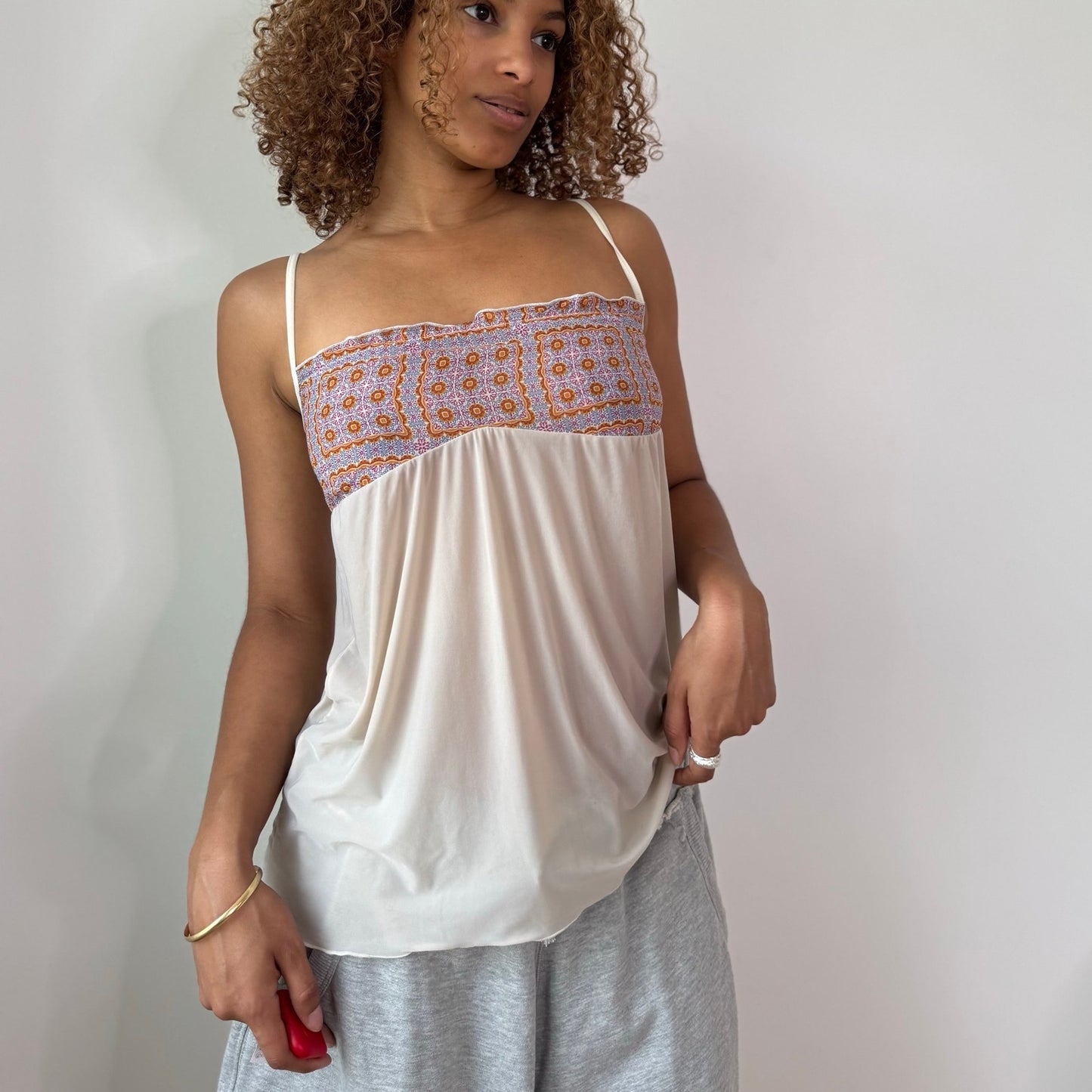 Vintage White Printed Mesh Cami Top Babydoll Empire Waist Y2K (S)