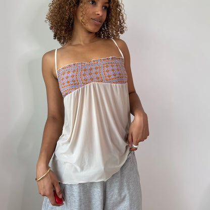 Vintage White Printed Mesh Cami Top Babydoll Empire Waist Y2K (S)