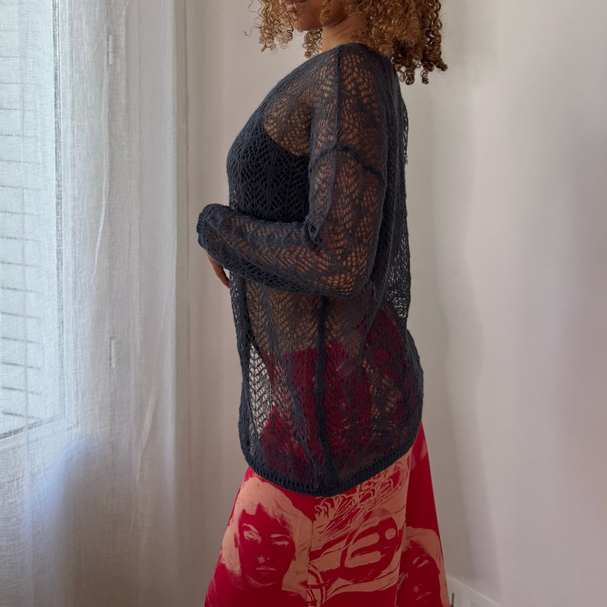 Italian Vintage Charcoal Grey/Blue Sheer Openwork Crochet Knit Long Sleeve Button Front Cardigan