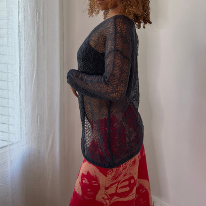 Italian Vintage Charcoal Grey/Blue Sheer Openwork Crochet Knit Long Sleeve Button Front Cardigan