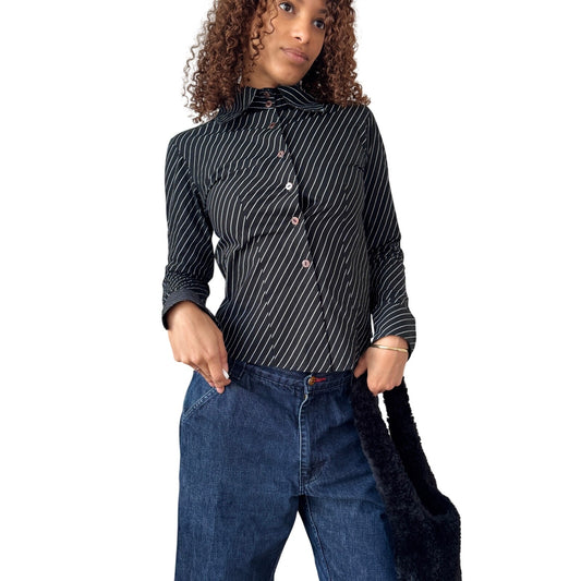 Vintage Italian Black Pinstripe Button Up Shirt Fitted Cotton (XS)