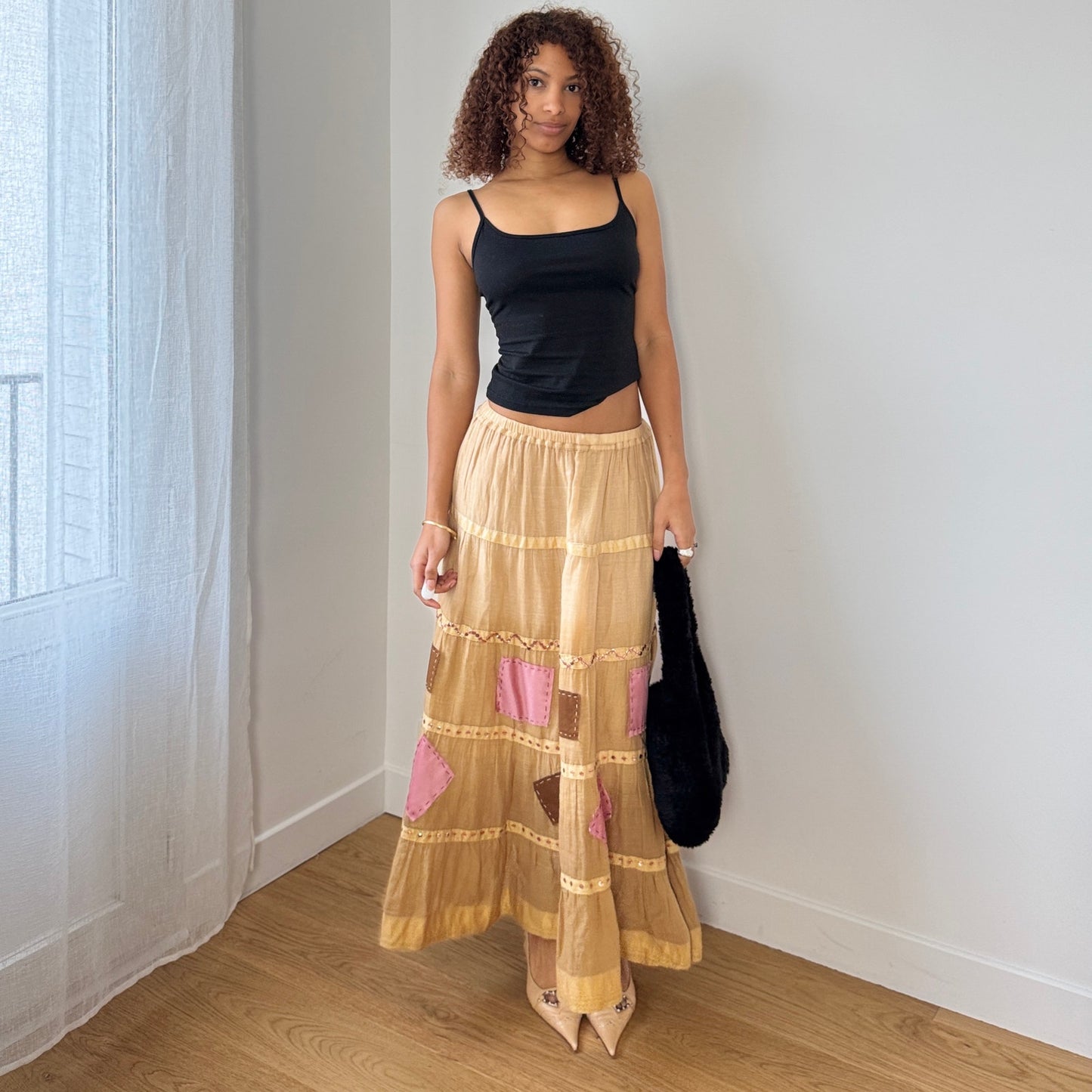 Vintage Euro Patchwork Tiered Maxi Skirt Beige Pink Boho (S)