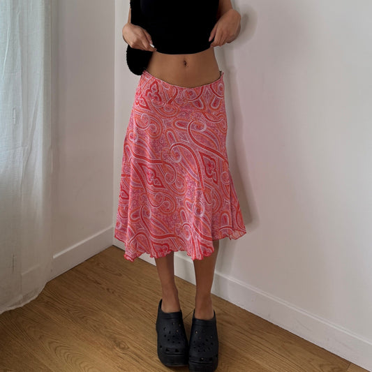 Vintage Pink Paisley Mesh Midi Skirt Italian Y2K Bias Cut Skirt (S) ⠀