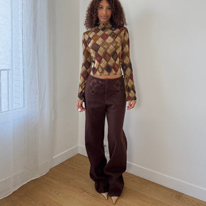 Vintage Italian chocolate brown wide-leg trousers with embroidered front details (S/M)