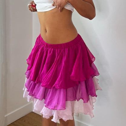 Vintage Hot Pink Purple Tiered Ruffle 100% Silk Mini Skirt Italian Y2K (S)