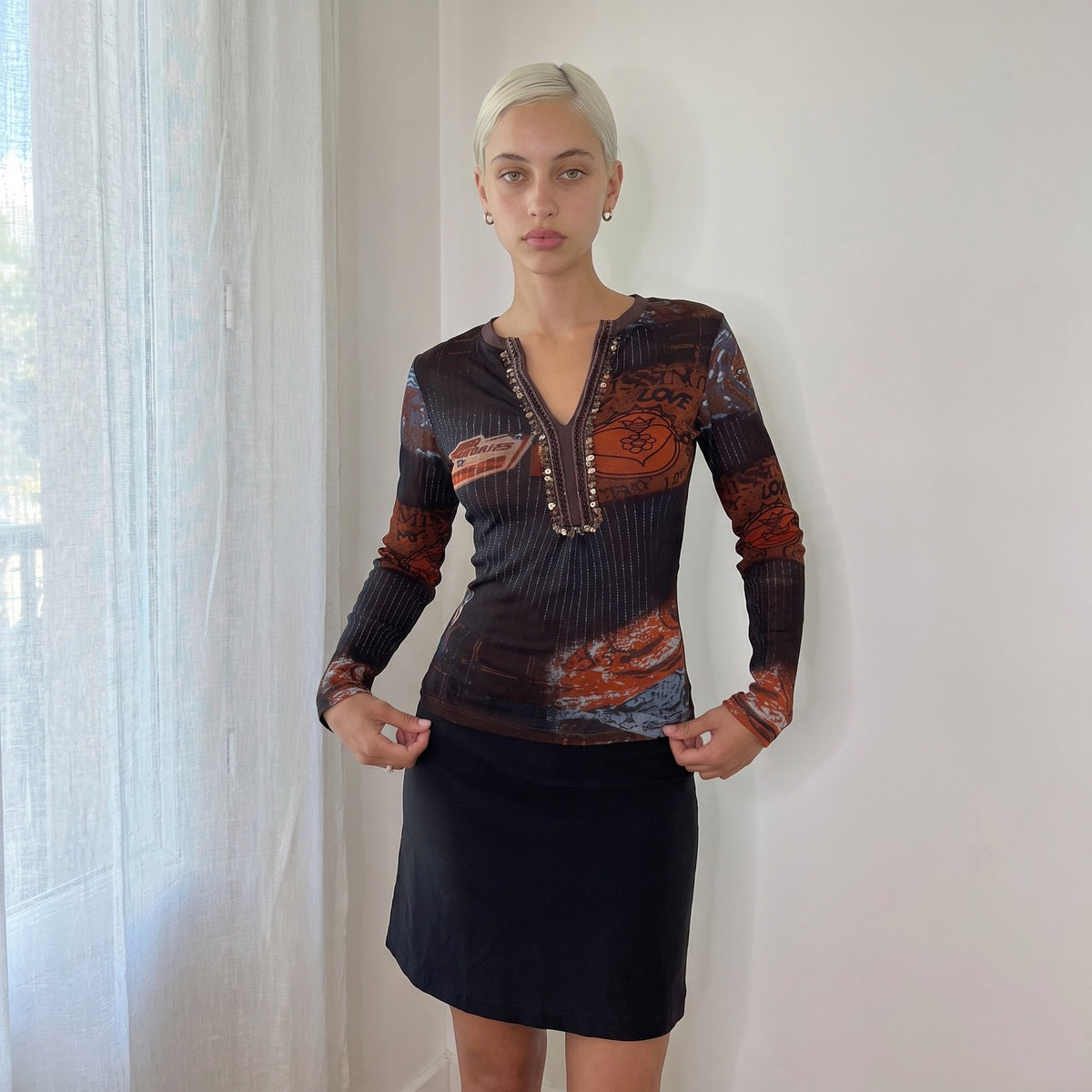Italian Vintage Graphic Mesh Top