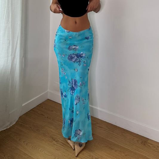 Vintage Turquoise Blue Floral Mesh Maxi Skirt (XS/S) ⠀