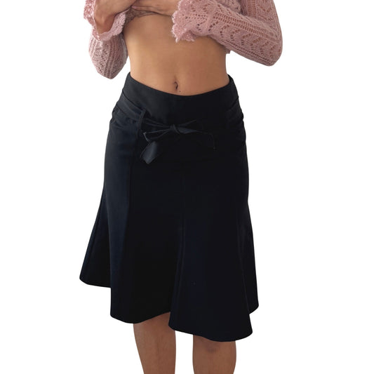 Vintage Black Bow Tie Midi Skirt Flared Y2K French (XS)