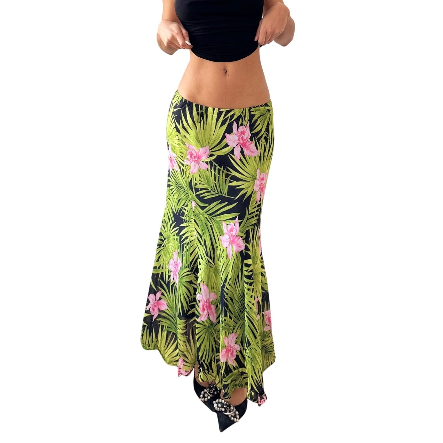 Vintage Italian Tropical Floral Mesh Maxi Skirt Green Pink Y2K (S)