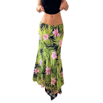 Vintage Italian Tropical Floral Mesh Maxi Skirt Green Pink Y2K (S)