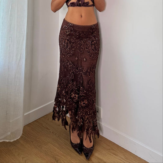 Vintage Brown Hand Beaded Silk Mesh Maxi Skirt Y2K (S)